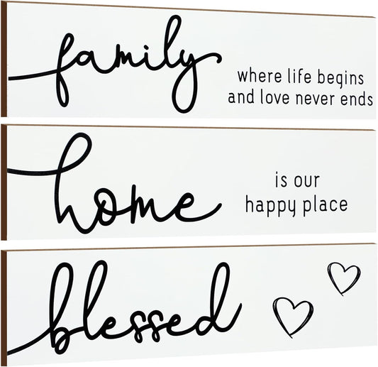 Jetec 3 Pieces Rustic Wood Sign Wall Decor Live Love Blessed Family and Love Quote Sign Farmhouse Wall Mount Decoration for Home Kitchen Living Room, 12 x 3 x 0.2 Inch(White, Black,Novel)