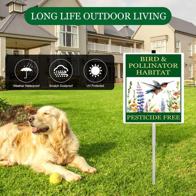 Bird and Pollinator Habitat Pesticide Free Yard Sign With Stakes 8X12 inches Rustproof Reflective Aluminum Pollinator Friendly Garden Sign Stand Hummingbird Outdoor Decor