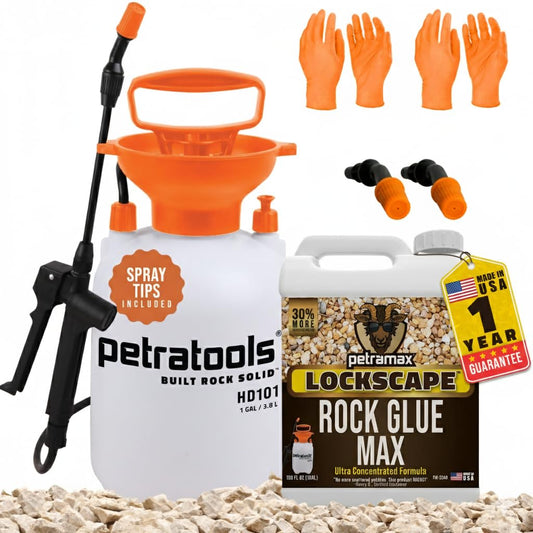 Lockscape Sticky Rock or Sticky Mulch Glue for Landscaping with Sprayer 1 Gallon, Max Rock Glue for Landscape & PetraTools HD101 Bundle, Lockdown Gravel or Mulch for Landscaping Hold (Stone Max)