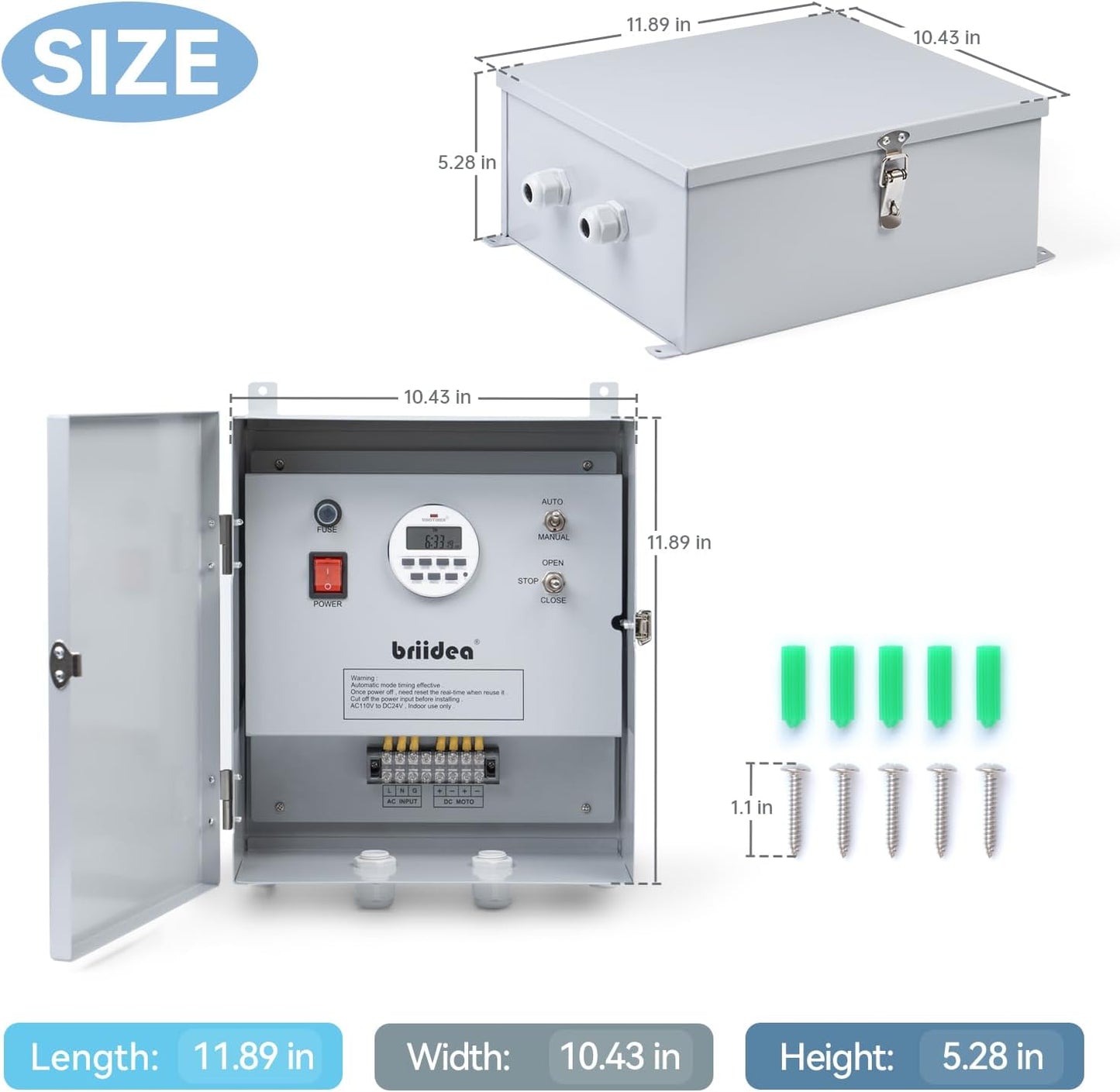 Briidea Greenhouse Roll Up Motor Timer Controller, 7-Day Programmable, AC110V to DC24V Transformer, Auto/Manual Modes, Dual Output for Side & Roof Curtain Film Roll-Up, IP65 Waterproof