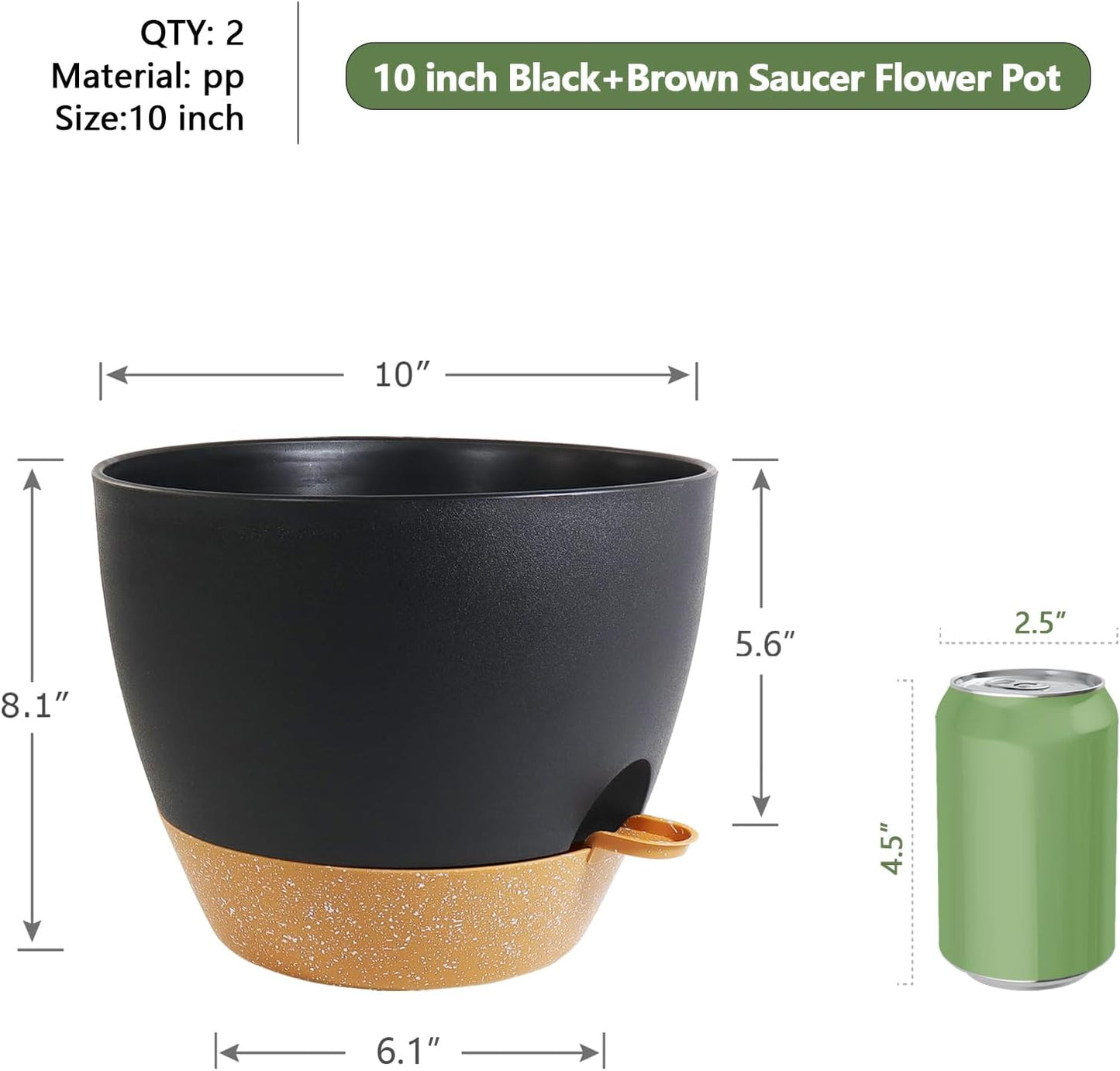 10 inch Self Watering Pots, 2 Pack Plastic Planters with Mesh Drainage Holes for Garden Plants and Flower, Plants Pots with Deep Reservoir for Indoor Outdoor Plants, Black with Brown