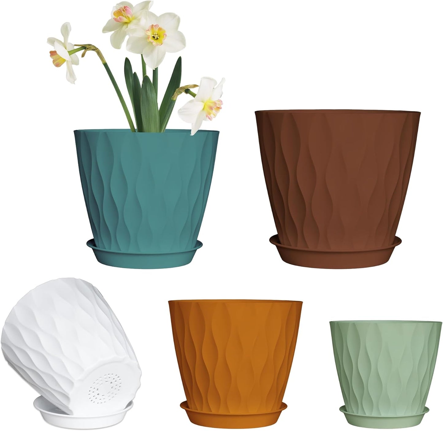Plastic Plant Pots with Drainage Holes and Saucers, 8/7/6/5/4 Inches Garden Plant Flower Pots for Indoor Planter, 5 Pack Nursery Planting Pot for Indoor & Outdoor House Plants (Multicolor, 8/7/6/5/4)