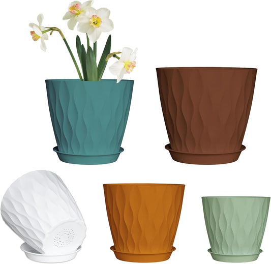 Plastic Plant Pots with Drainage Holes and Saucers, 8/7/6/5/4 Inches Garden Plant Flower Pots for Indoor Planter, 5 Pack Nursery Planting Pot for Indoor & Outdoor House Plants (Multicolor, 8/7/6/5/4)