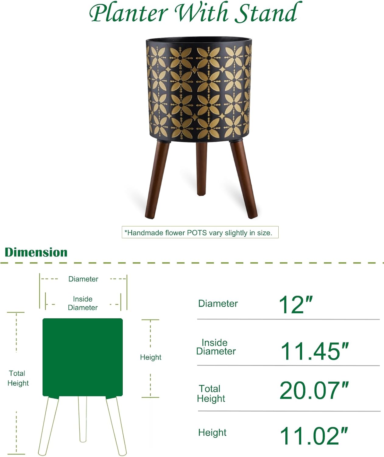 12 Inch Planter Pot with Stand, Planter for Indoor Plants, Drainage Holes and Rubber Plug, Modern Mid-Century Flower Planter Pot for Home Garden Patio, Black and Gold