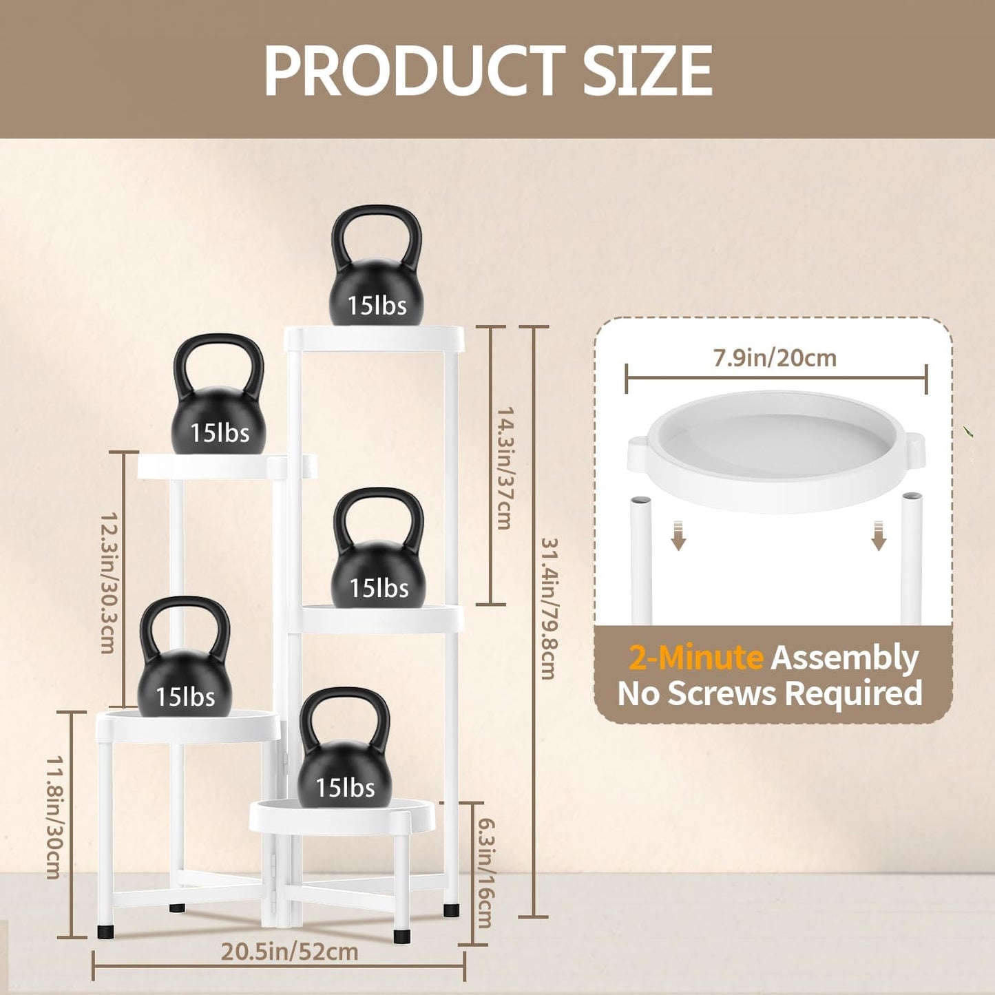 LASZOLA 5 Tiered Folding Plant Stand Indoor for Multiple Large Planter, Tall Heavy Duty Adjustable Rack with Rust Proof Plastic Shelving, Sturdy Vertical Tree Organizer for Narrow Inside Floor, White