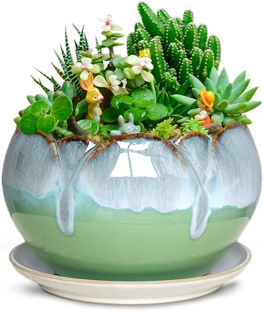 Dahlia 5.5'' Inch Rustic Drip Glazed Ceramic Planter/Succulent Pot/Plant Pot w. Saucer/Tray, Green