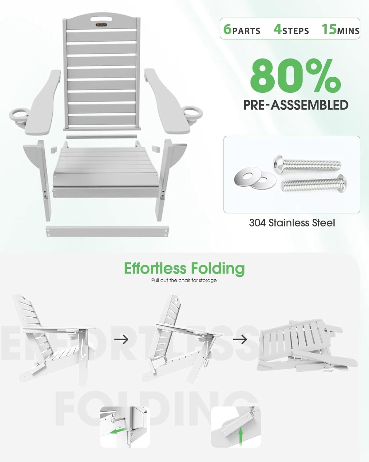 Adirondack Chairs Set of 6, Outdoor Fire Pit Chairs, HDPE All-Weather Adirondack Chairs with Cup Holder, Lawn Chair for Deck, Patio, Garden (White)