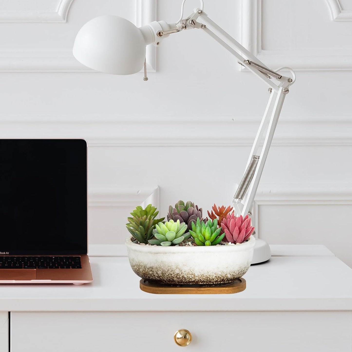 Succulent Pots, 7.9 Inch Long Rectangular Succulent Planters with Drainage Tray, Shallow Planters for Indoor Plants Ceramic Cactus Pots Glazed Bonsai Flower Plant Container for Home Windowsill Decor