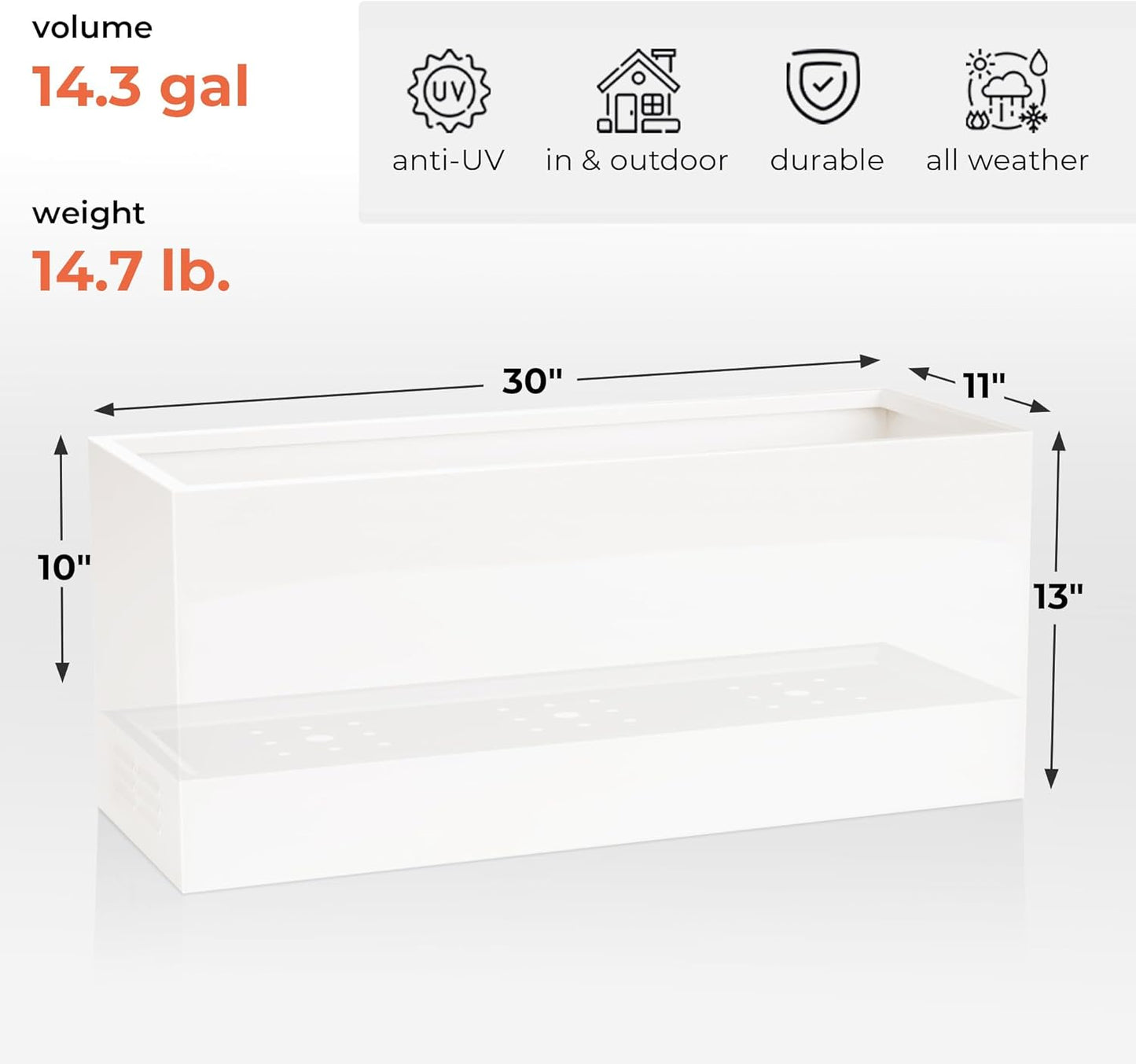 Worth Garden Metal Planter Box - 30" L x 11" W x 13" H Glossy White Heavy Duty Large Rectangular Steel Modern Plant Pot, Indoor Outdoor - Insert Plate with Drain Holes, Air Vents, No Assembly Required