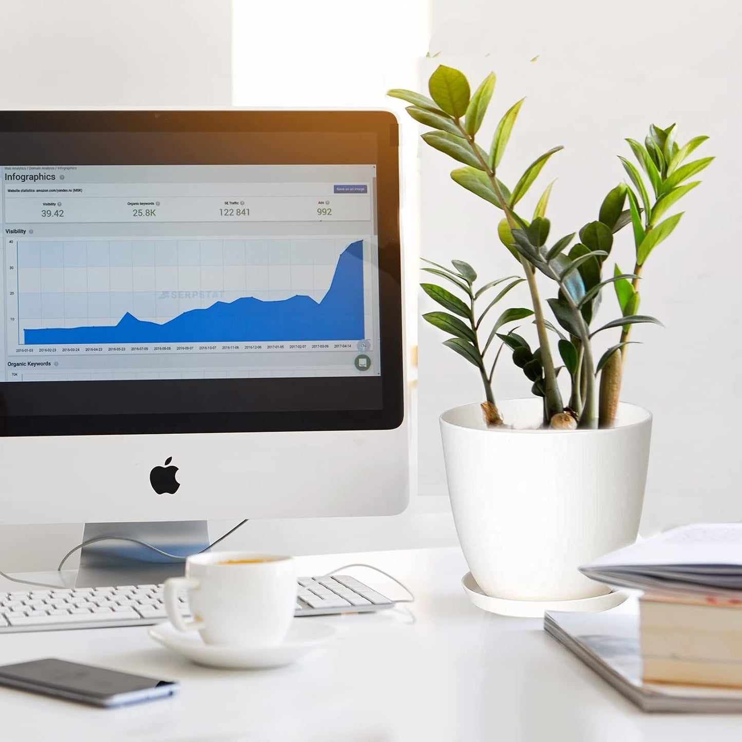 Plant Pots, 12 Pack 6 inch Modern Plastic Planters with Drainage Holes and Saucers for Indoor Outdoor Plants and Flowers, White