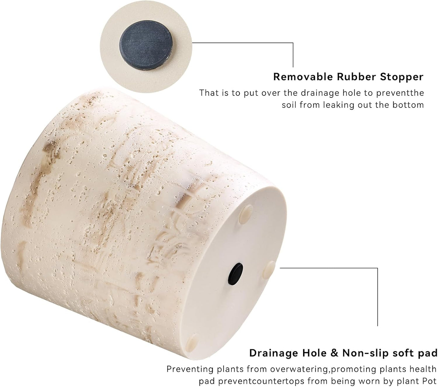 Ekirlin 7 Inch Natural Travertine Textures Plant Pot, Resin Outdoor Planter with Drainage Hole, Removable Rubber Stopper and Non-Slip Soft Pad,Weatherproof Decorative Pot for Indoor/Garden Plants