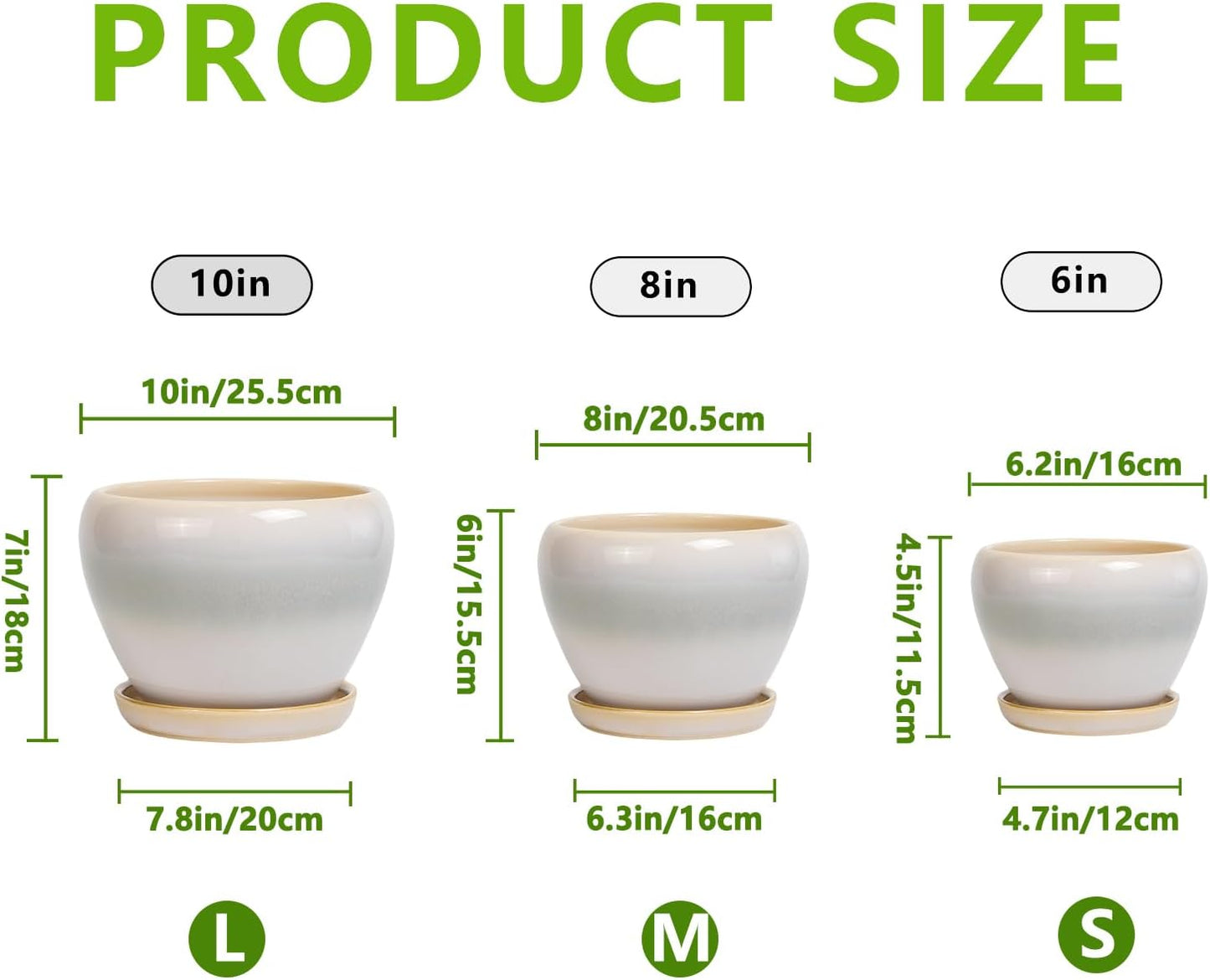 Ceramic Flower Pots, Modren Round 10 Inch 8 Inch 6 Inch Planters with Drainage Holes and Plant Saucers for Indoor Outdoor Flower, Garden Decor, Gifts for Plant Lovers, Set of 3, White-Grey