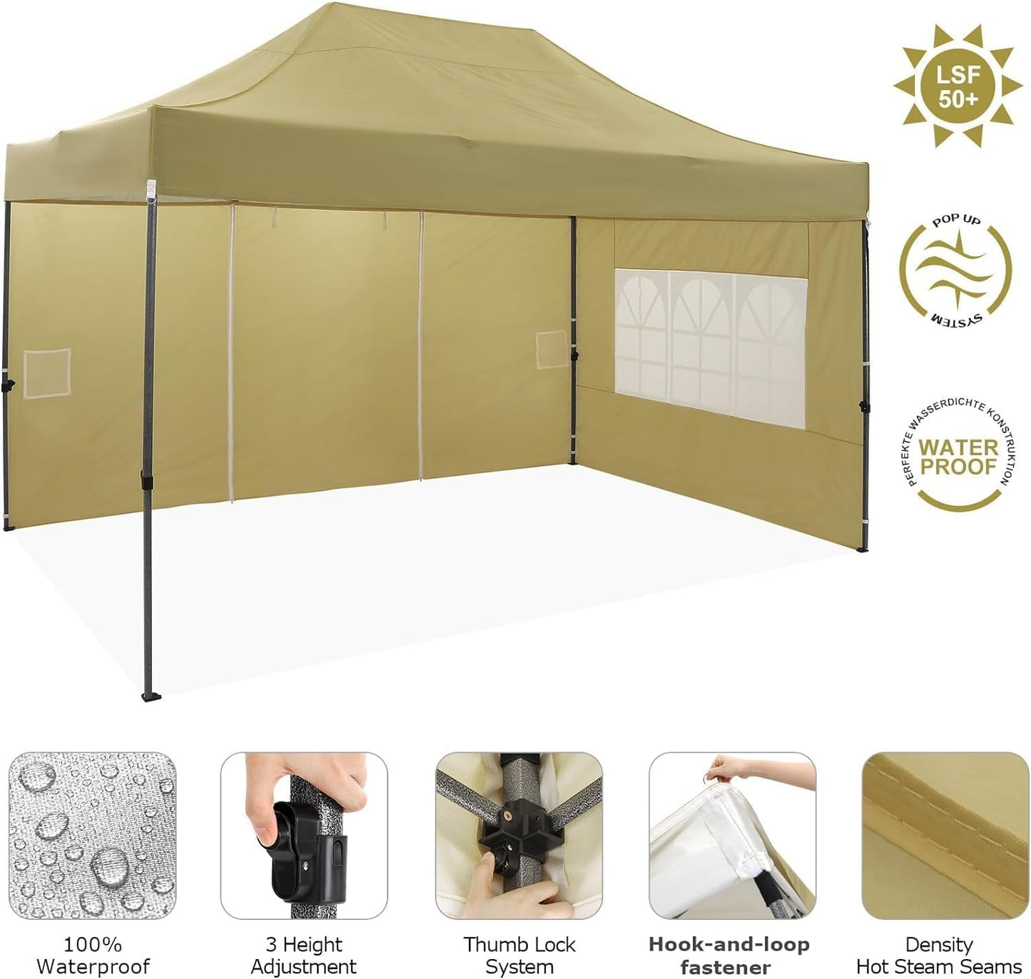 COBIZI 10x15 Pop up Canopy Heavy Duty Without Sidewalls, Easy Set-up Commercial Outdoor Party Canopy, 100% Waterproof Wedding Gazebo, 3 Height Adjustable with Handbag, Khaki