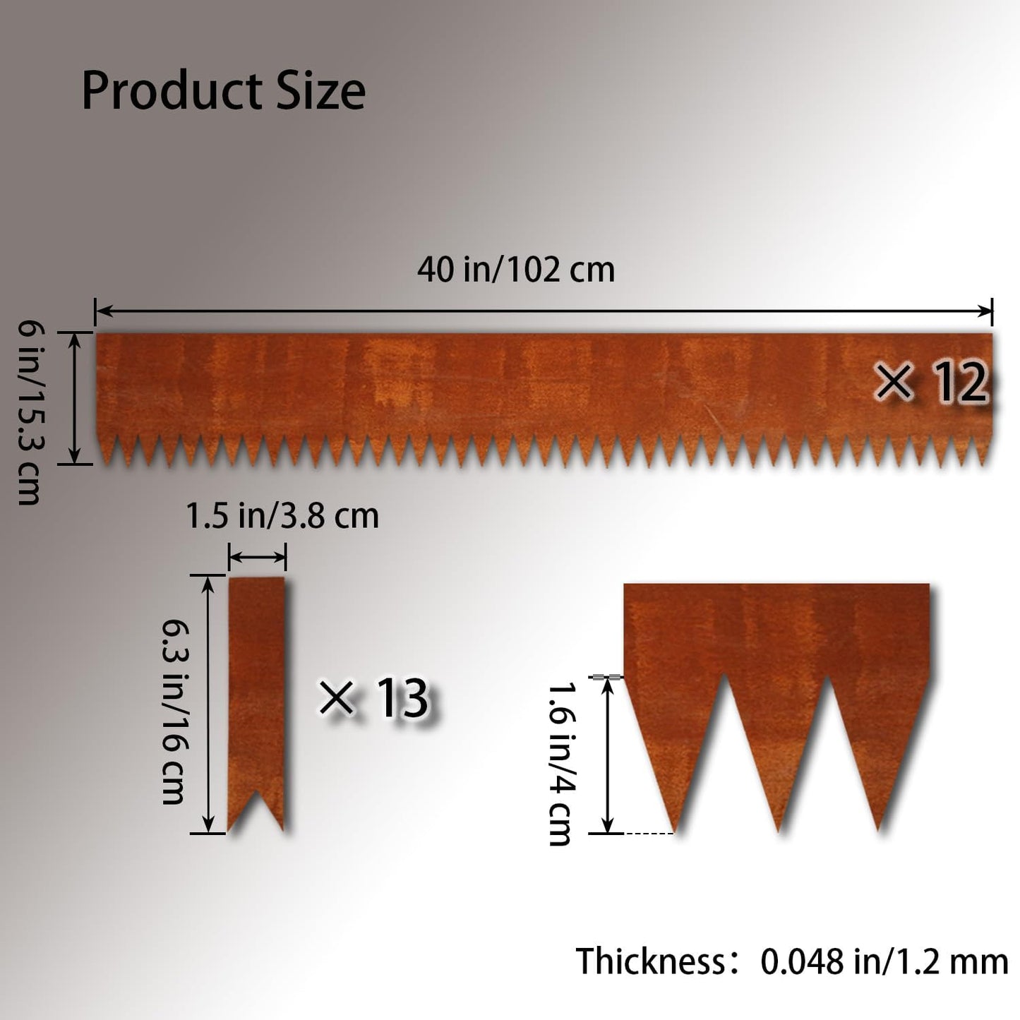 Corten Steel Landscape Edging, 40" L x 6" H, 18 GA Thickness, 12 Pack + 13 Stakes, Enhance Garden, Yard, Park, Lawn, Plants & Vegetables w/Long-Lasting Rust-Finish Cor-Ten Edging