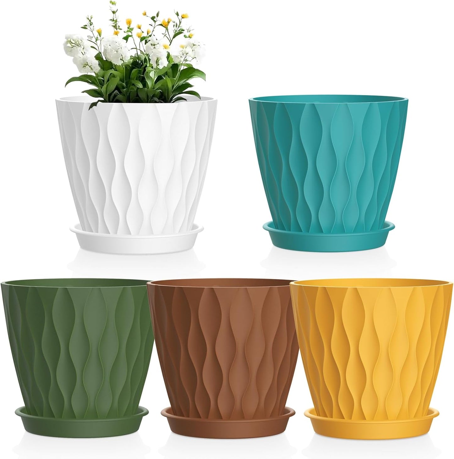 6 inch Plant Pots, 5 Pack Water Ripple Flower Pots for Indoor Outdoor Plants, Plastic Planters with Drainage Holes and Saucers, Nursery Pots for Small Succulent Garden House Plants, Multicolor