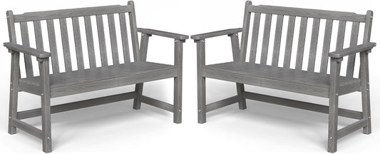 Outdoor Bench, 2-Person HDPE Garden Bench, All Weather Poly Patio Bench for Outdoors, Garden, Backyard, Porch and Park, 550 lbs Weight Capacity, Grey, 2 Pack