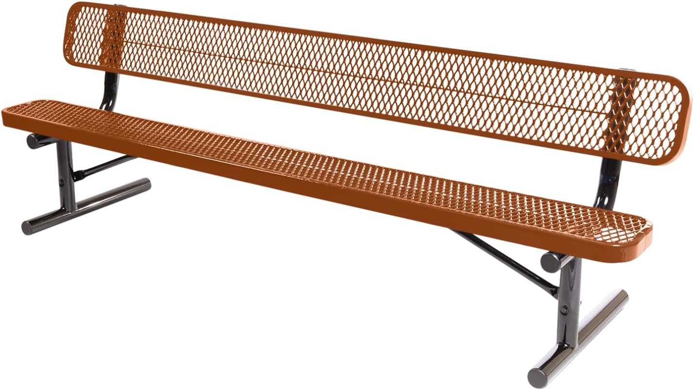 Heavy-Duty Outdoor Bench Thermoplastic Coated, Expanded Metal, Commercial-Grade Seating, Made in America (Portable with Back, 8 Ft, Textured Copper)