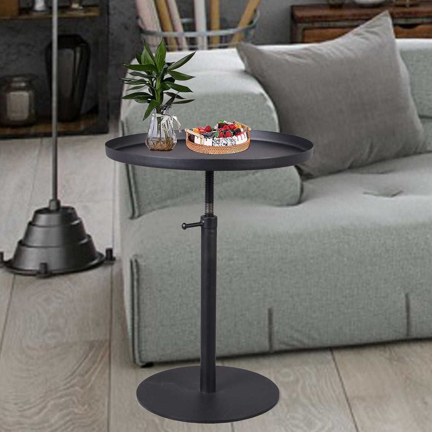 Outdoor Side Table,Tray Metal Sofa End Table, Accent Coffee Table, Adjustable Height, Waterproof and Anti-Rust Outdoor&Indoor Snack Table, Black (Round Top)