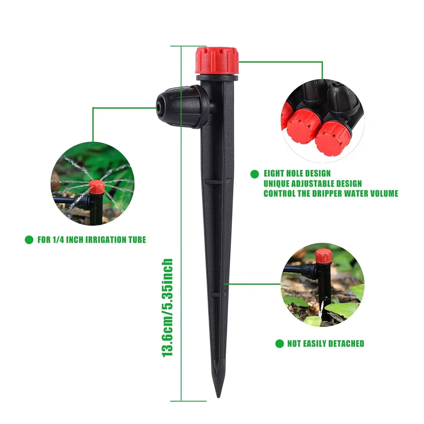 Drip Irrigation Emitters Adjustable 360 Degree Drip Emitters on 5" with Stake for 1/4" Drip Irrigation Tubing Irrigation Drippers for Garden Watering System. (50pcs-Red Drip)