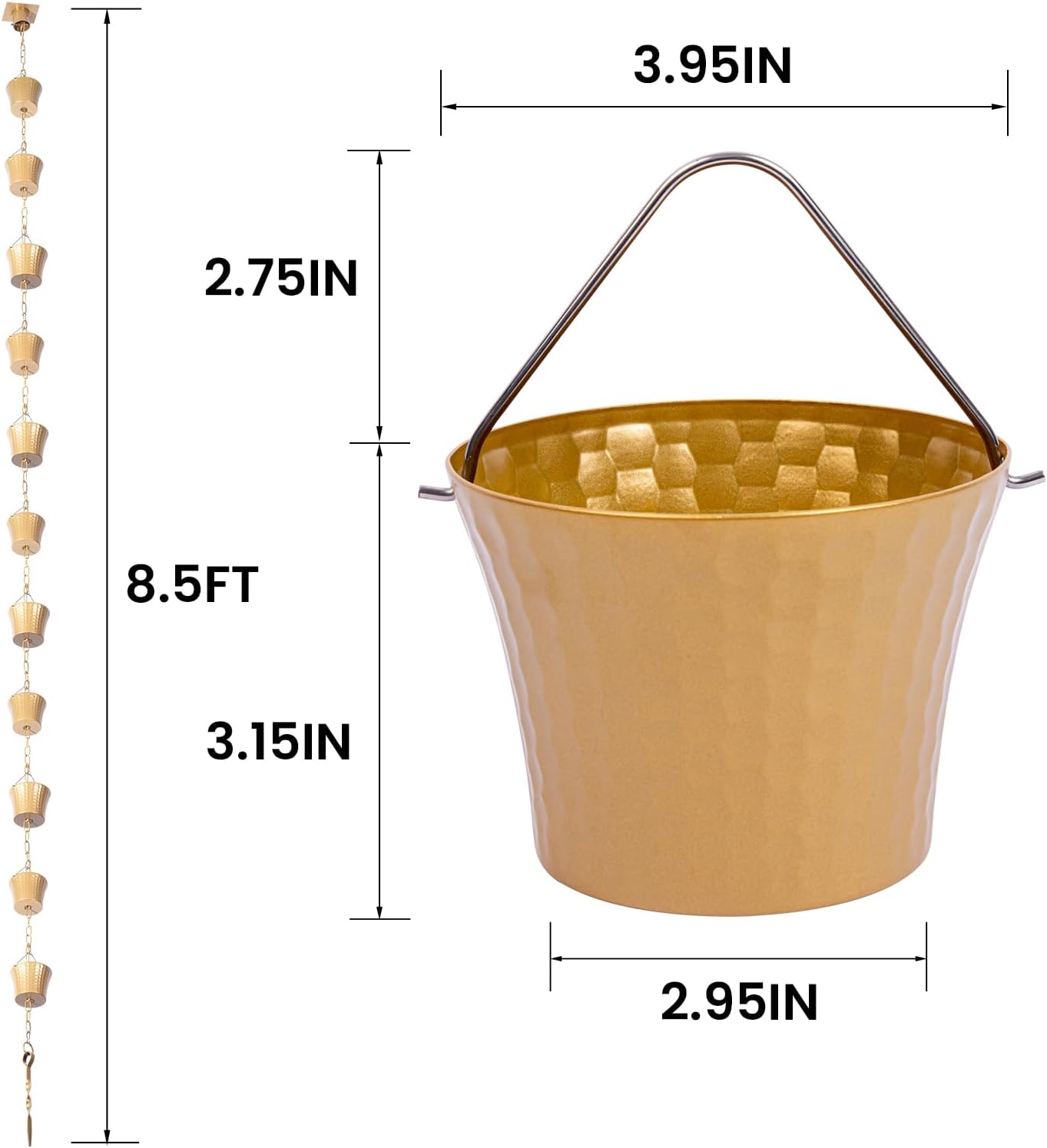 Rain Chain for Outside with Adapter,Wrought Iron Rain Chains Set 8.5 Ft,Not Rust, Gotta Drain with Metals Anchoring Stake, 14 Cups, 1 Hook, Adjustable Gutter Downspout for Outdoor(Gold)