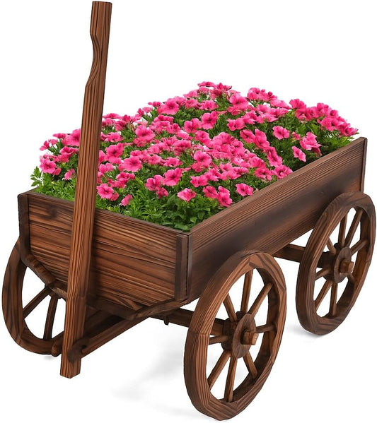 Tangkula Wooden Wagon Planter Box, Decorative Garden Planter w/Wheels, Handle, Drain Hole, Rustic Wooden Flower Cart for Indoor & Outdoor Decor for Patio, Garden, Balcony (29.5" L x 17" W x 21" H)