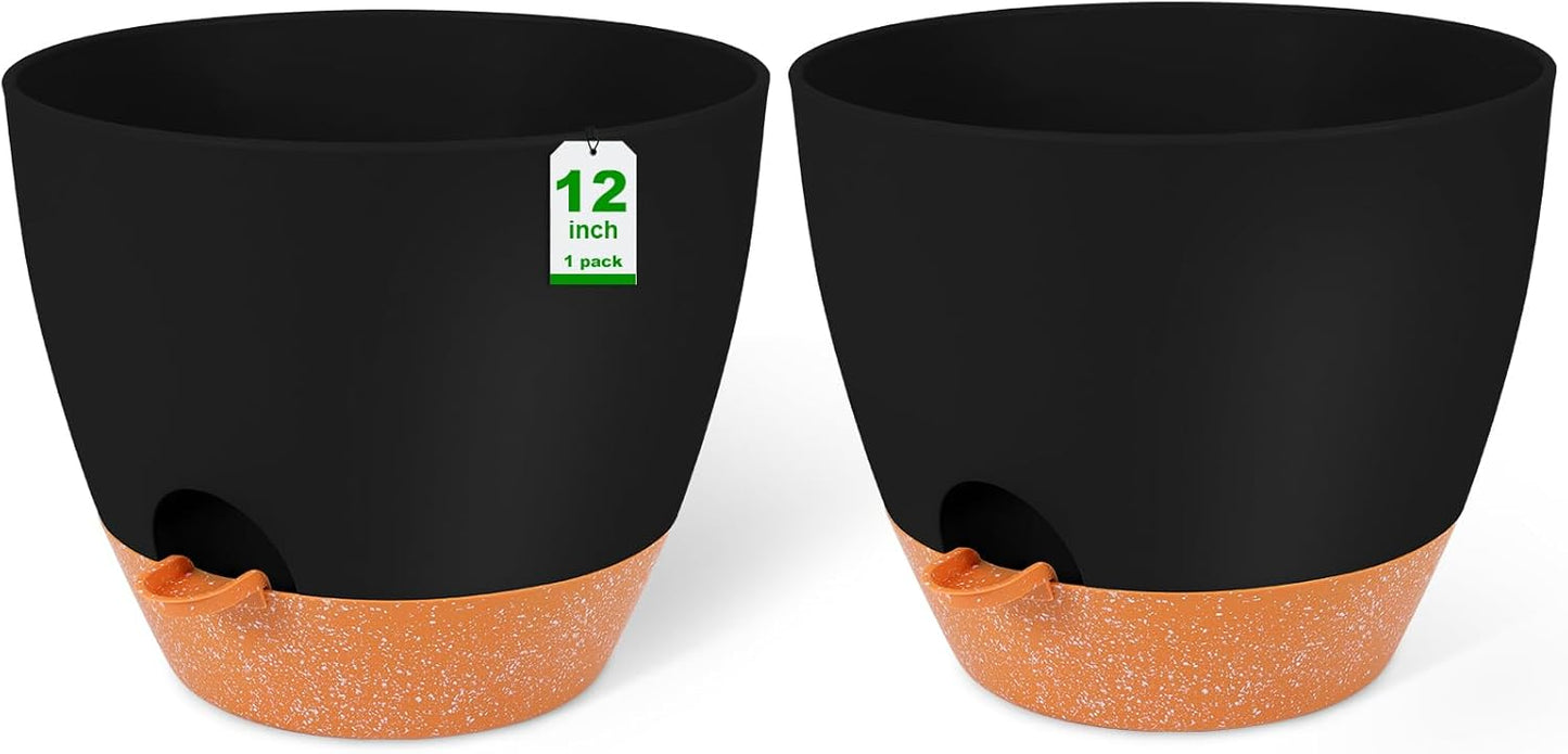 GARDIFE 12 inch planters, Plant Pots,Self Watering Pots, 2 Pack Large Plastic Flower pots with Deep Reservior and High Drainage Holes for Indoor Outdoor Plants and Flowers, Black