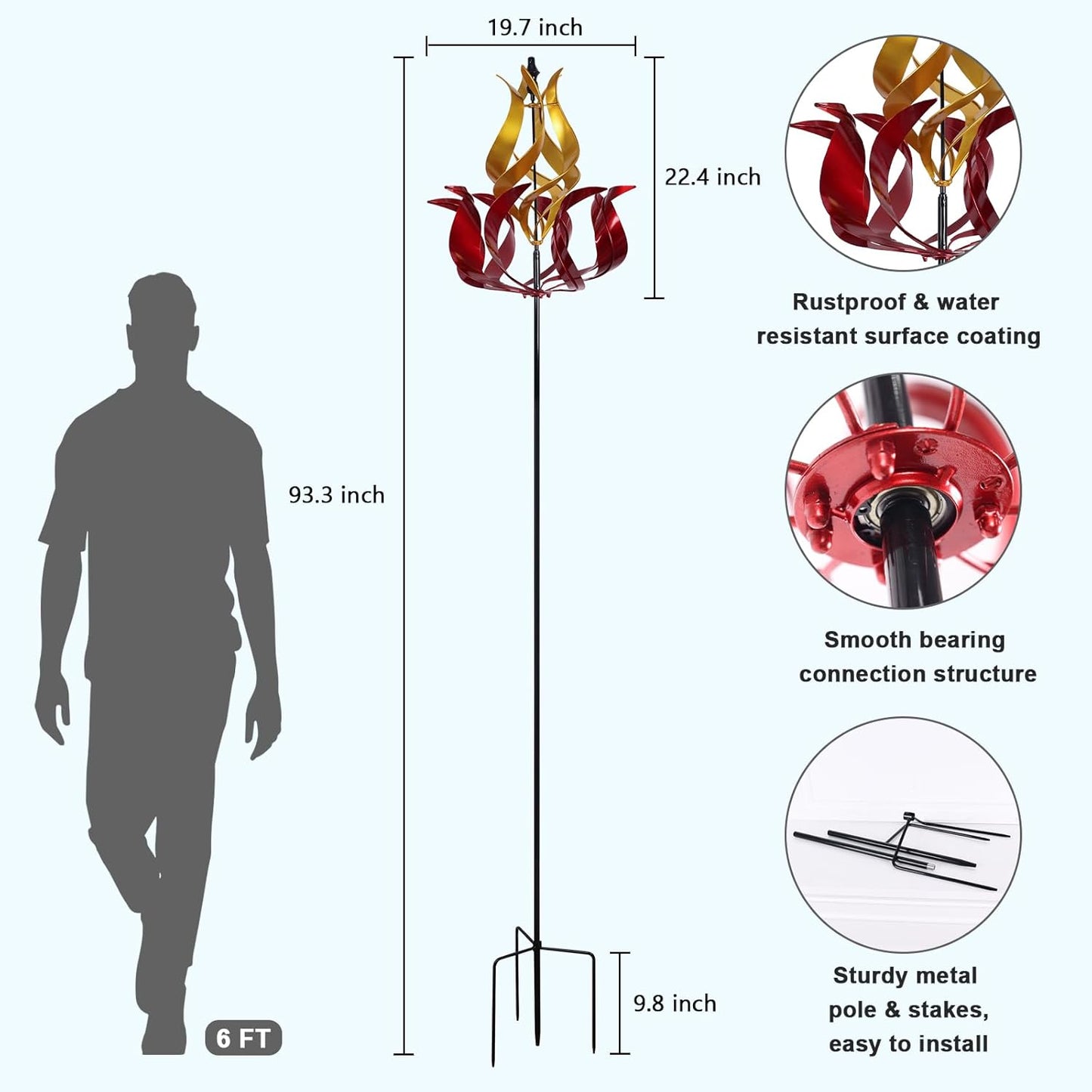 hogardeck Large Wind Spinners Outdoor, 93.3" Metal Tulip Wind Spinner with Stake, 360° Rotating Yard Art, Kinetic Flame Wind Sculptures for Home Lawn Backyard Patio Garden Decor (Red, Golden)