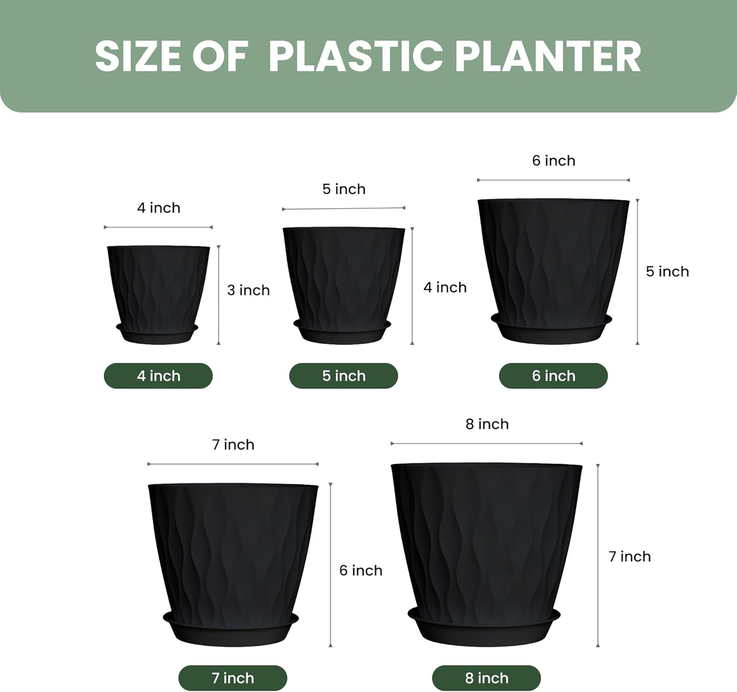 8/7/6/5/4 Inch Plant Pots with Drainage Holes, Setof 5 Plastic Planters for Indoor Outdoor Plants,Indoor Flower Pots, Nursery Planting Pot for Garden OfficeHome Decor(Black, 8/7/6/5/4)