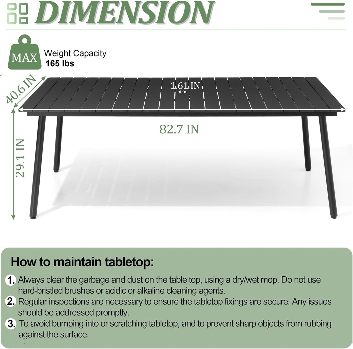 Outdoor Dining Table for 6-8, 82.7 inch Patio Dining Table with Wooden-Like Top and Aluminum Frame, Rectangular Table with Umbrella Hole Outdoor Furniture, Only Table, Black