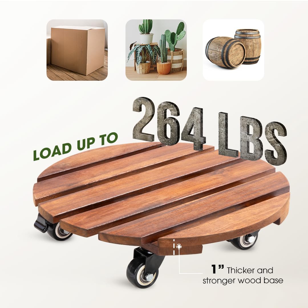 2pack Wood Plant Caddy With Wheels Heavy Duty Red Brown, 264 Lbs Capacity, 12 Inch Acacia Hardwood Plant Dolly, Plant Stand with 360° Lockable Wheels for Plant Pots, Heavy Objects Hauling