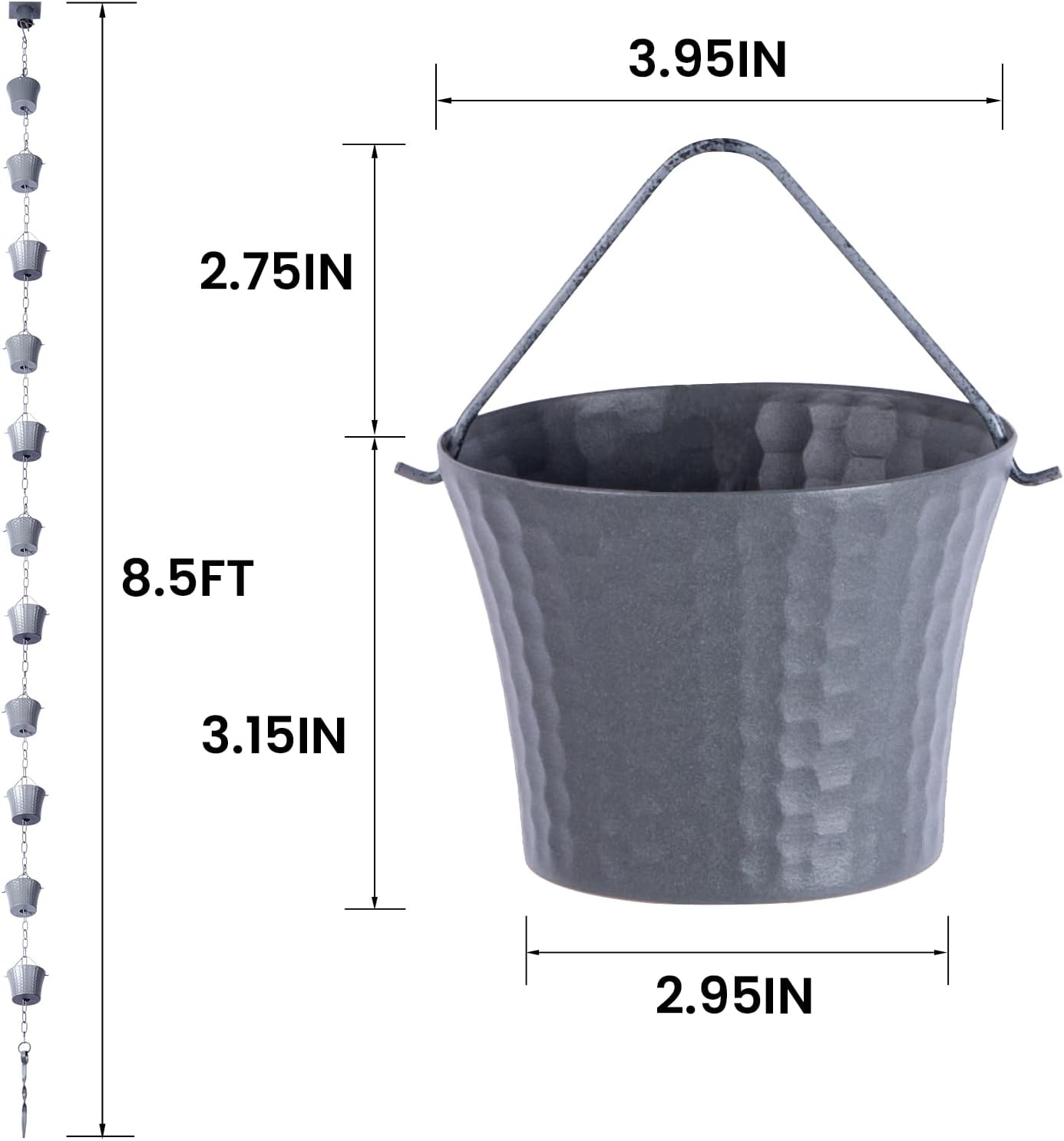 Rain Chain for Gutters with Adapter,Wrought Iron Rain Chains Set 8.5 Ft,Not Rust, Gotta Drain with Sturdy Anchoring Stake, 14 Cups, 1 Hook, Adjustable Gutter Downspout for Outdoor(Blue Gery)