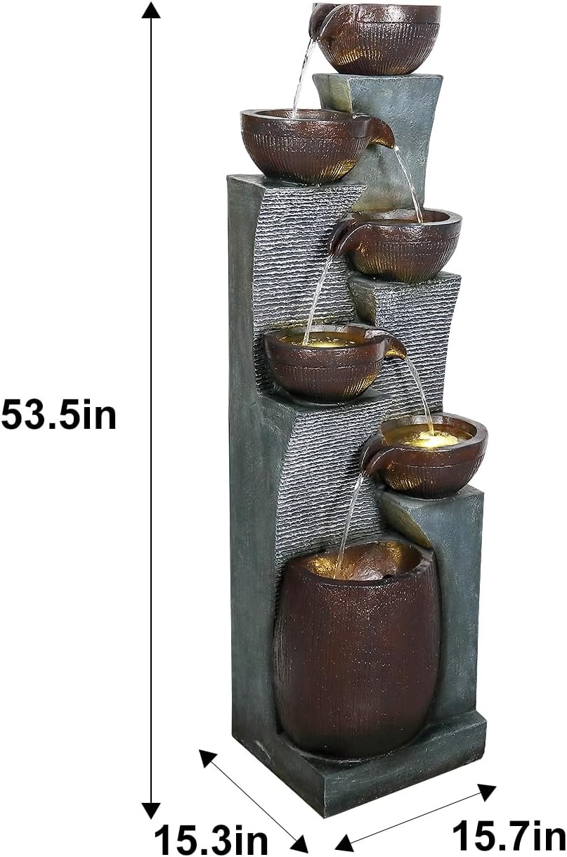 53.5in High Outdoor Indoor Water Fountain, 6-Tiered Poly-Resin Waterfall Fountain with LED Lights, Decorative Floor Standing Fountain for Garden, Patio, Yard, Home Decor