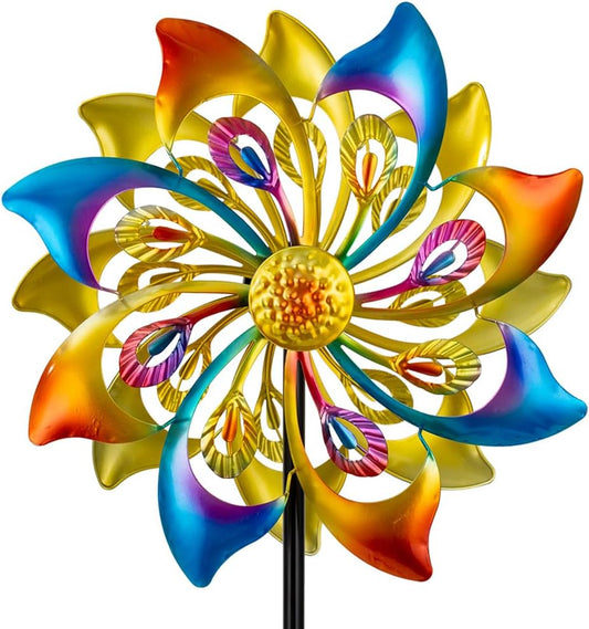 DREAMSOUL 13" Dia Wind Spinners Outdoor with 4 Prong Stakes, Kinetic Metal Wind Spinners for Yard and Garden Decor (52 * 13 Inches)