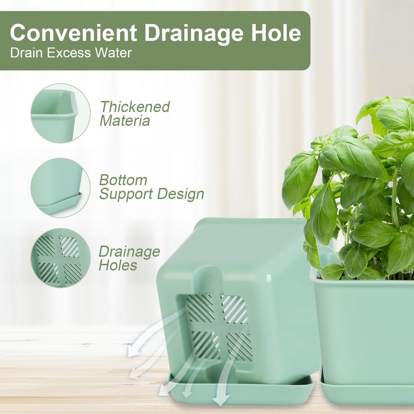 Herb Garden Planter Indoor Kit Pots for Indoor/Outdoor Plants 4 Packs Windowsill Plant Pots with Drainage and Tray, Window Pot for Indoor Plants (Green)