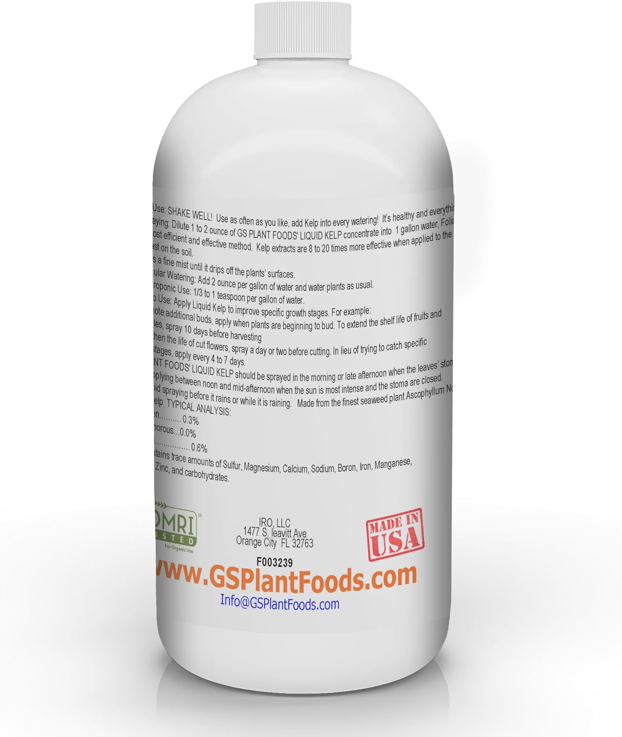 GS Plant Foods Liquid Kelp Fertilizer – Suitable for Organic Growing, OMRI Listed Seaweed Concentrate for Lawns, Gardens & Soil - 1 Quart