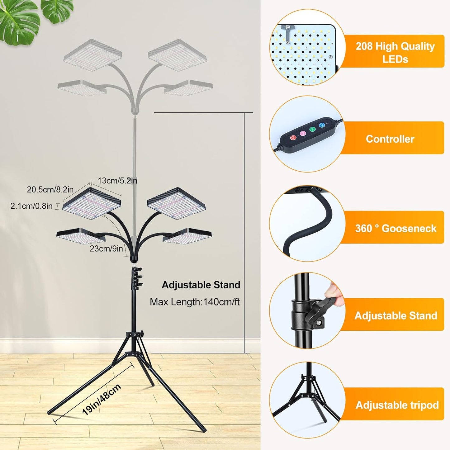 4-Head Grow Light with Stand 100W, FECiDA 2025 Grow Lights for Indoor Plants, Full Spectrum LED Plant Grow Light for Houseplants, Bonsai Tree, 4,8,12,16 Hr Timer and 360° Gooseneck