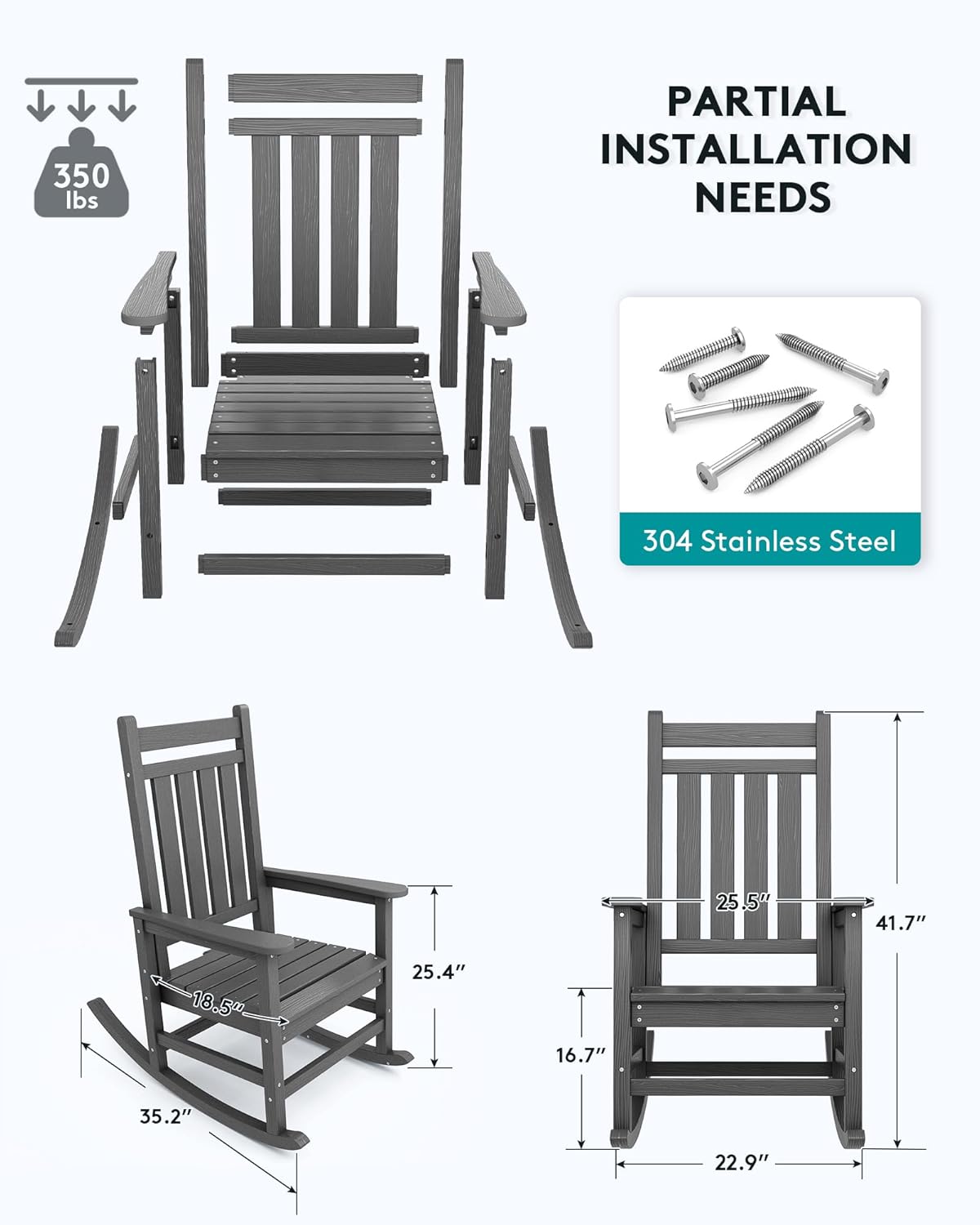 SERWALL Oversized Rocking Chair, Outdoor Rocking Chair for Adults, All Weather Resistant Porch Rocker for Lawn Garden, Grey