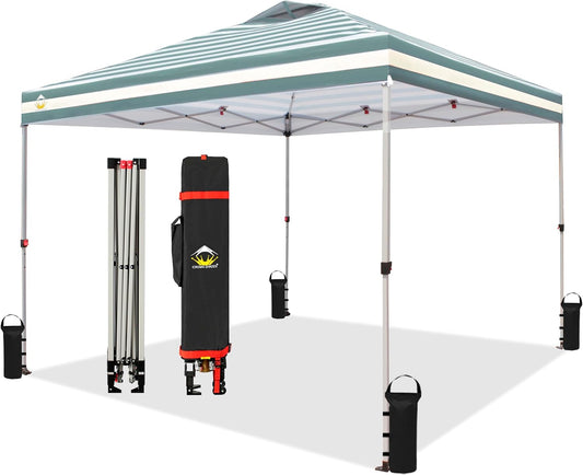 CROWN SHADES 10x10 Pop Up Canopy - Beach Tent with One Push Setup - Easy Outdoor Sun Shade for Events, Parties, Camping - Gazebo with STO-N-Go Cover Bag, Silver Coated Top, Cyan Blue Stripes