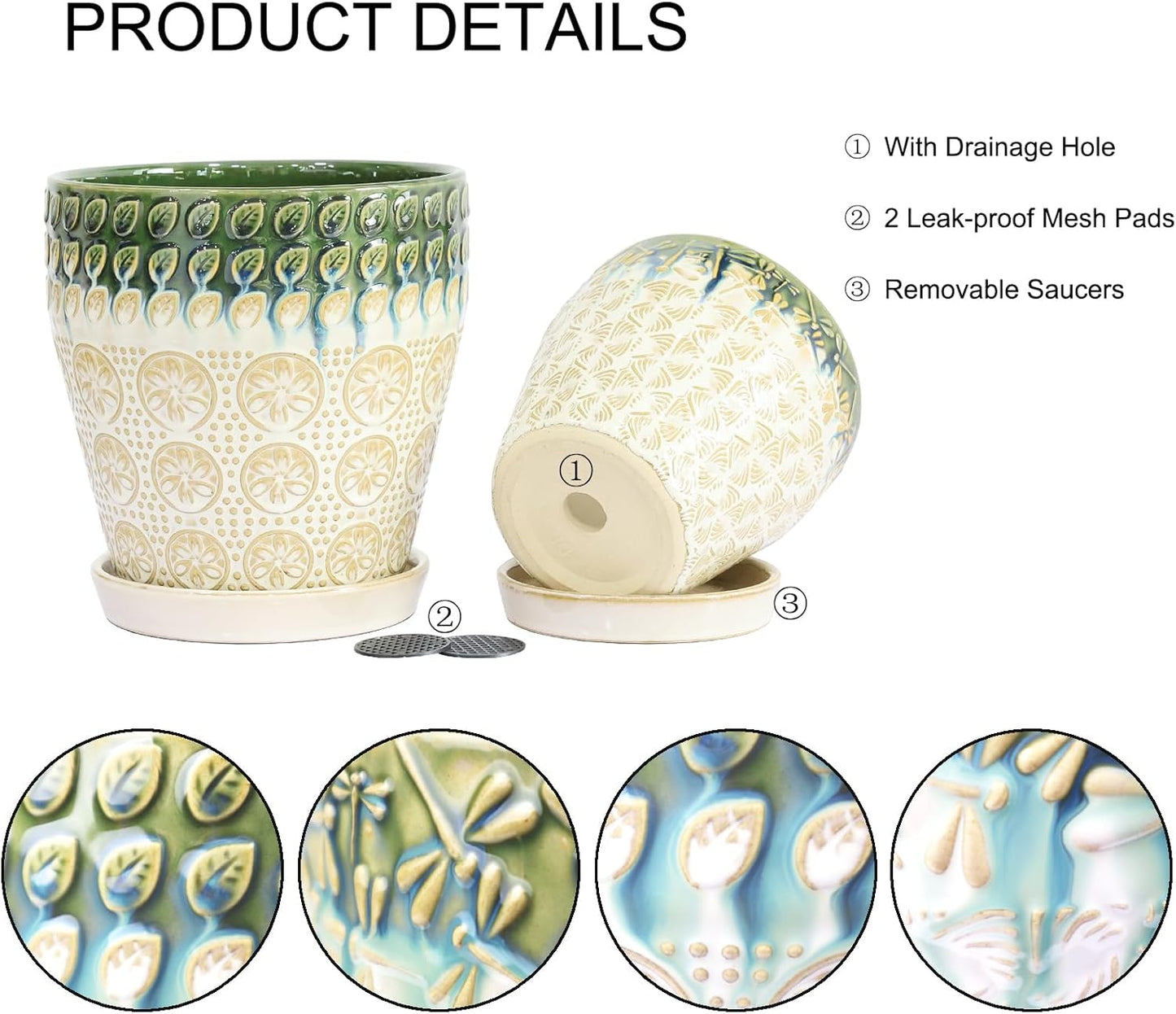 Ceramic Planter Pots for Indoor Plants, 8Inch + 6 Inch Plant Pot with Drainage Holes, Saucers and Mesh Pads, Succulent Orchid Flower Pot -Set of 2