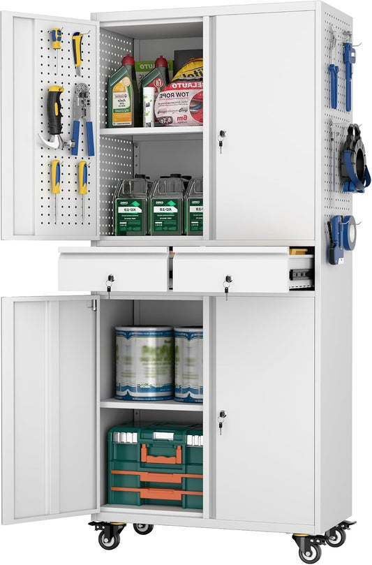 Garage Storage Cabinet with Wheels, Metal Storage Cabinet with 2 Drawers and 2 Adjustable Shelves, Metal Lockers with Pegboards for Homes, Offices, Kitchens, Schools and Pantries, White