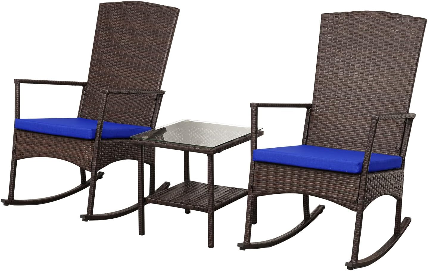 Outdoor Rocking Chairs Set - 3 High-Backed Patio Rockers with Bistro Table & Anti-Slip Cushions, Dark Blue