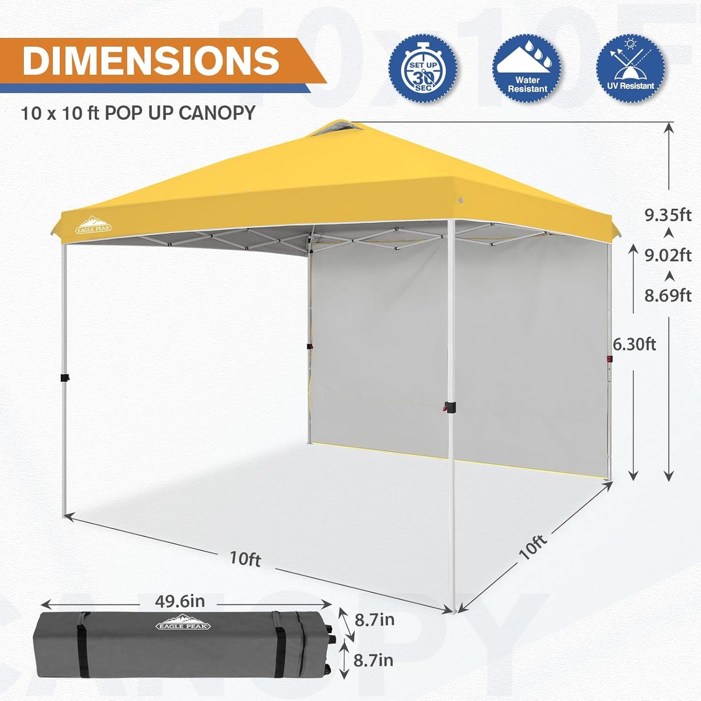 EAGLE PEAK Pop Up Canopy Tent with 1 Sidewall, Easy Setup Event Tent, Outdoor Sun Shade, Wheeled Carry Bag, Stakes and Guy Ropes, Instant Canopy 10x10, Yellow