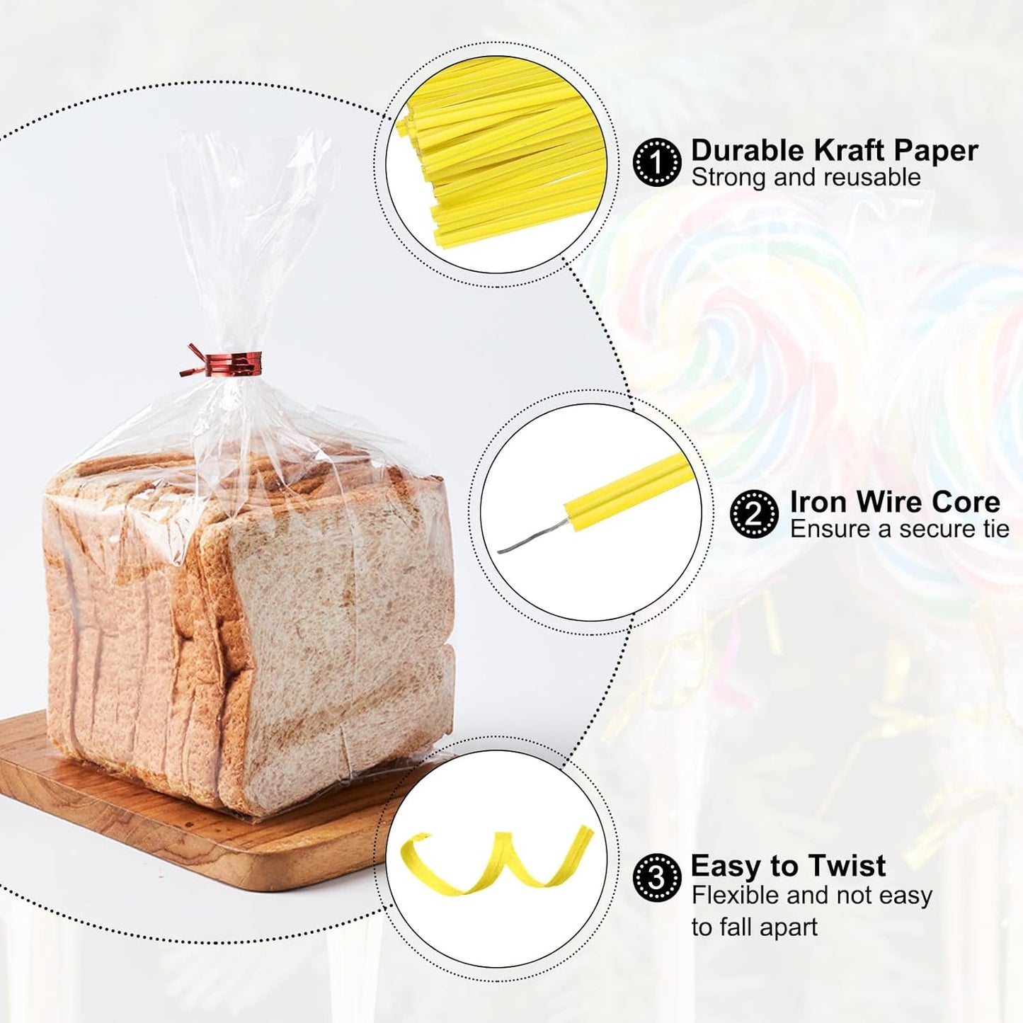 HARFINGTON 1000pcs Bag Twist Ties 3.5" Reusable Kraft Paper Twist Ties Wire Cable Ties for Party Bread Candy Cake, Yellow