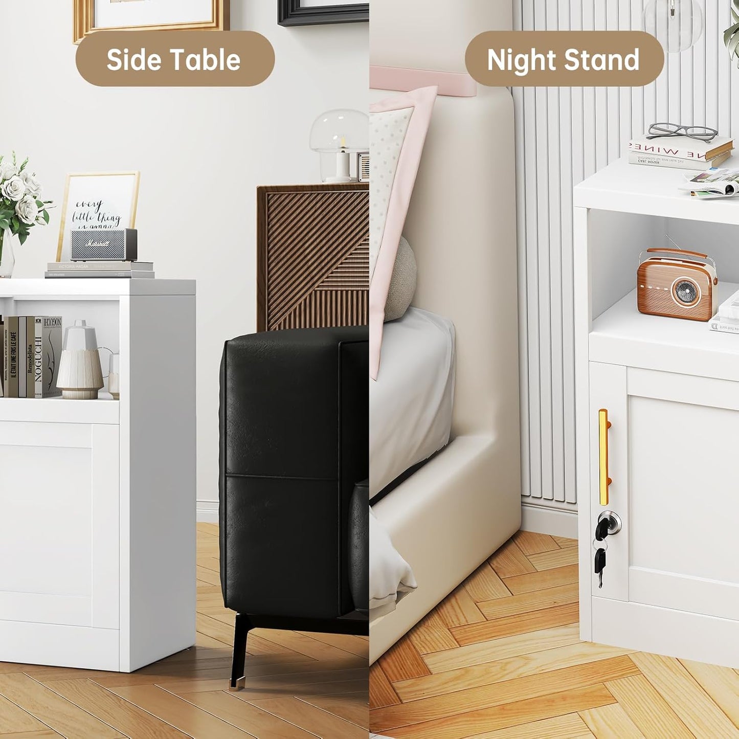 27" Metal Nightstand with Locked Doors, Small Sidetable with 1 Storage Shelf, Storage Cabinet for Bedroom, Metal End Table for Home, Office White