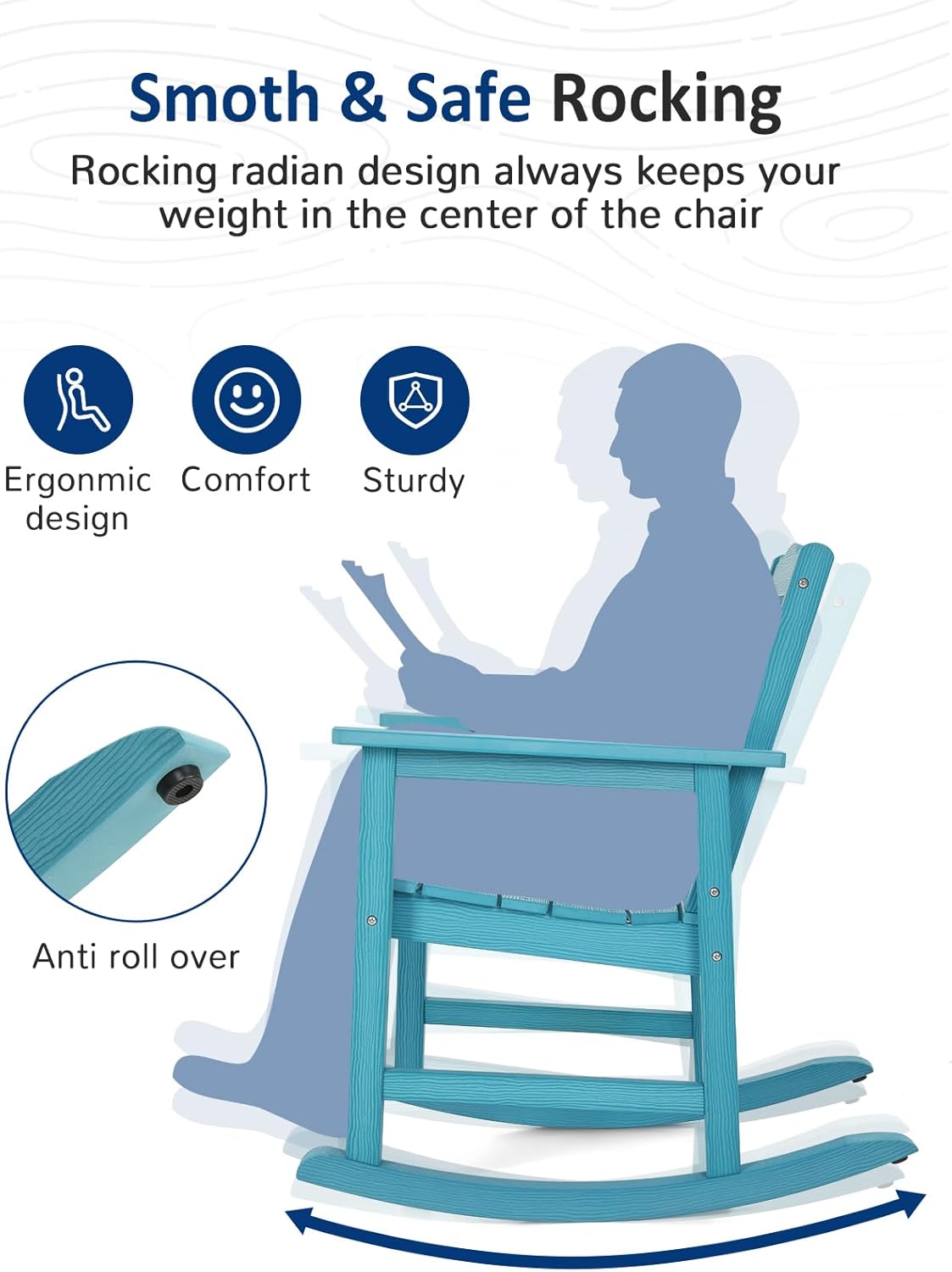 Patio Rocking Chair, Weatherproof HIPS Outdoor Rocking Chair for Adults, 400LBS Support Heavy Duty Porch Rocking Chairs for Garden, Lawn, Backyard, Outdoor and Indoor (Lake Blue)