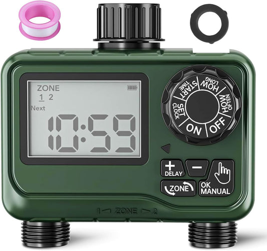 BN-LINK Sprinkler Timer Outdoor - 2 Zone Programmable Water Timer with Rain Delay, Automatic Irrigation System for Lawns & Garden Hoses - Waterproof Manual Controller with Large LCD Display