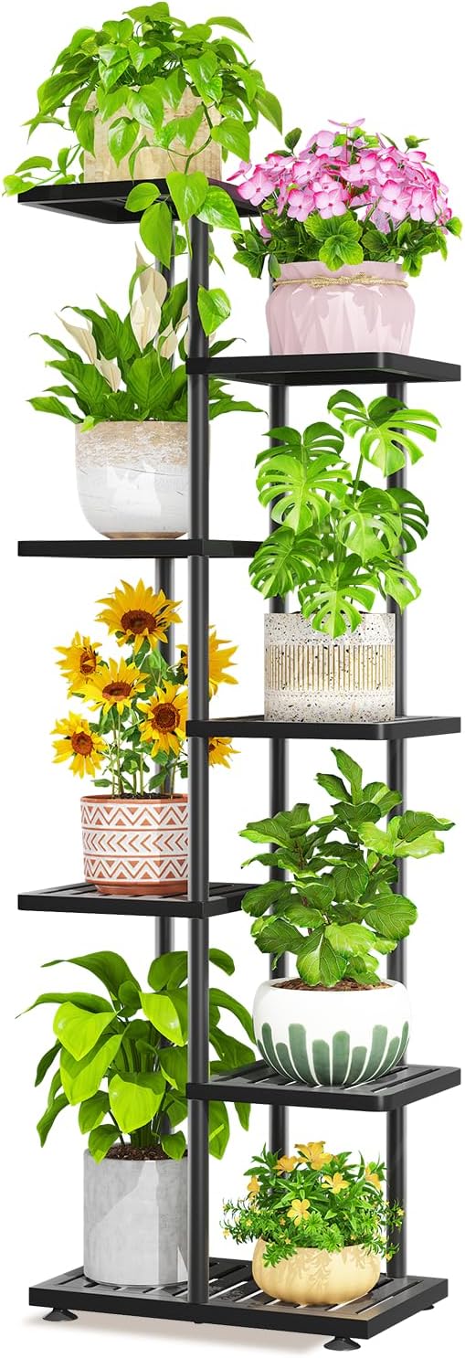 LASZOLA 6 Tier Plant Stand Indoors Outdoors for Large Heavy Duty Planter, Black Metal Tall Flower Holder Rack with Multiple Shelf for Modern Patio Corner, Vertical Organizer, Weather Resistant Bracket