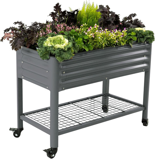 Rolling Elevated Raised Garden Bed-V Series, 2' x 4' Garden Beds with Legs & Storage Rack for Patio & Porch, 700 Lbs Weight Capacity, Outdoor Planter Box for Vegetables Flower Herbs, Modern Gray