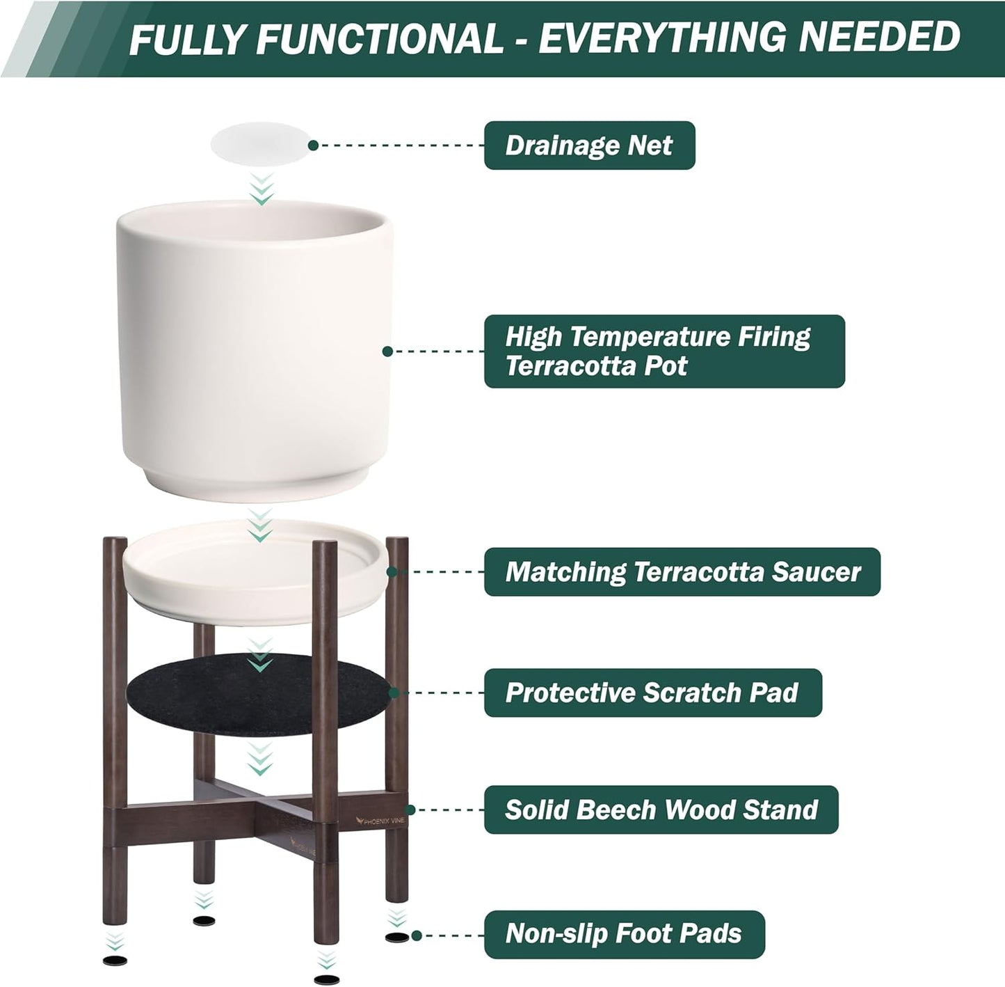 D'vine Dev Ceramic Planter with Walnut Color Stand - 10 Inch Modern Round Flower Pot with Wood Planter Holder, Oatmeal, 55-B-X-8