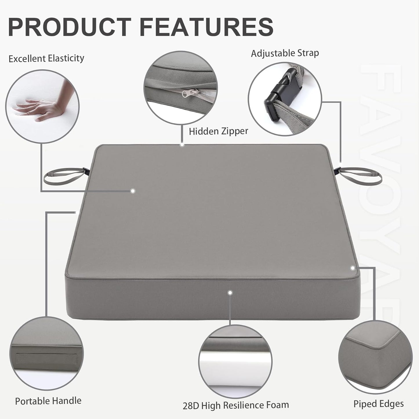 Favoyard Patio Chair Cushions 22 x 22 x 3 Inch Waterproof Outdoor Seat Cushions for Patio Furniture 3-Year Color Fastness Garden Sofa Couch Chair Pads with Handle & Adjustable Straps Set of 2, Grey